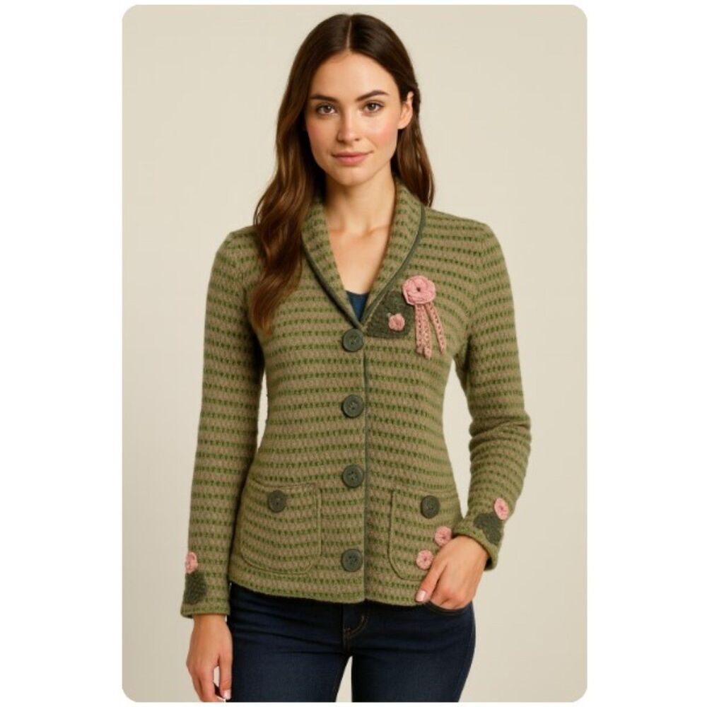 Sigrid Olsen Cardigan Green Wool Blend Knit Sweater Crochet Floral Accents PM